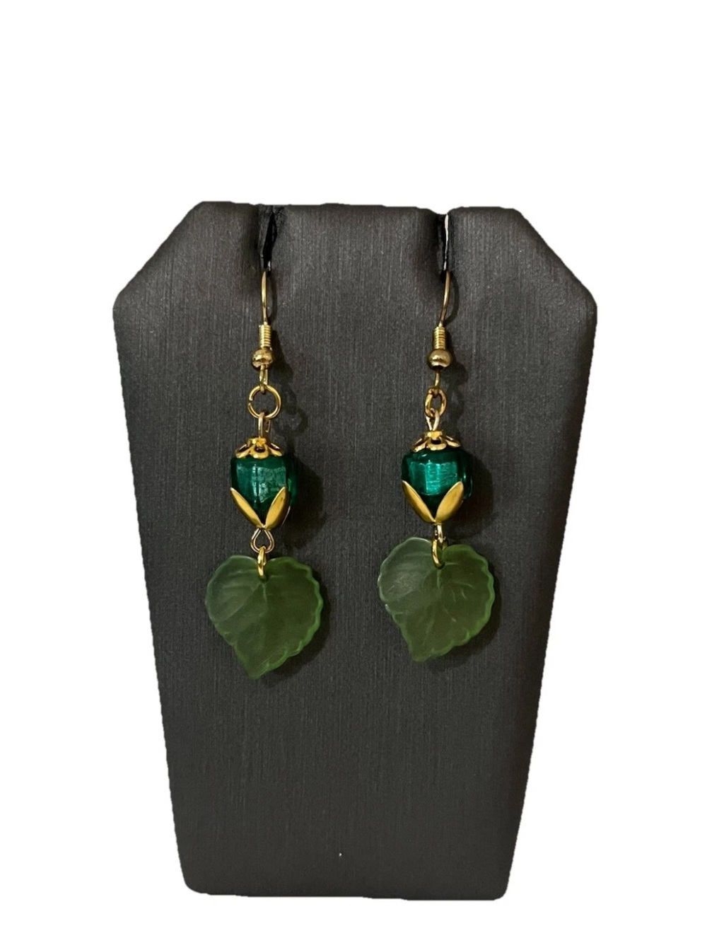 Autumn Green Leaf Dangle Earrings Fall Floral Bead Gold Tone Drop Jewelry